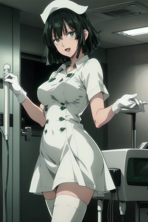 Fubuki, green hair, green eyes, solo, Nurse, ((White nurse cap, White nurse uniform)), ((White legwear, zettai ryouiki)), White Gloves, Smile, Open mouth, Standing, ((Hospital room)), sharp outline, Short sleeves, Best Quality, masterpiece