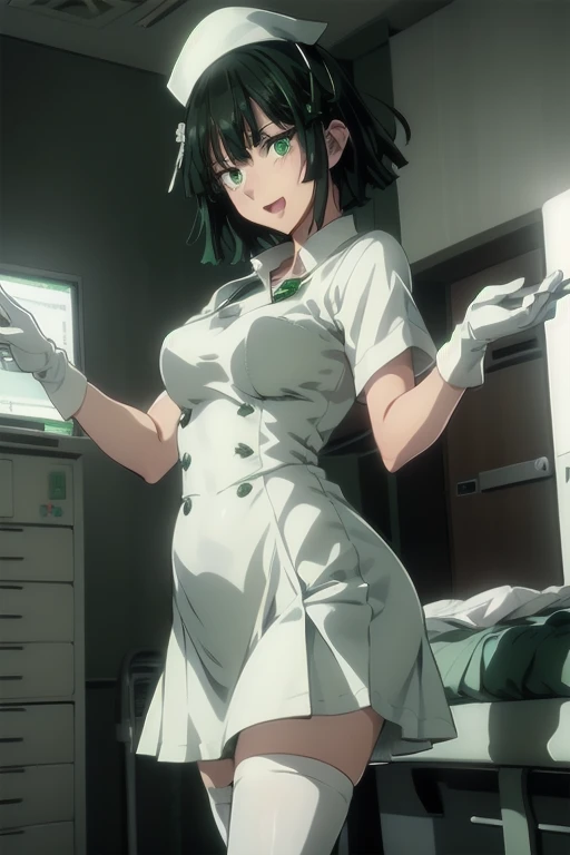 Fubuki, green hair, green eyes, solo, Nurse, ((White nurse cap, White nurse uniform)), ((White legwear, zettai ryouiki)), White Gloves, Smile, Open mouth, Standing, ((Hospital room)), sharp outline, Short sleeves, Best Quality, masterpiece