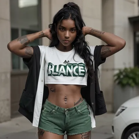 Dark brown skinned girl with tattoos on her arms. She has wavy black hair and green eyes..Elle est habillé de style streetwear blanc