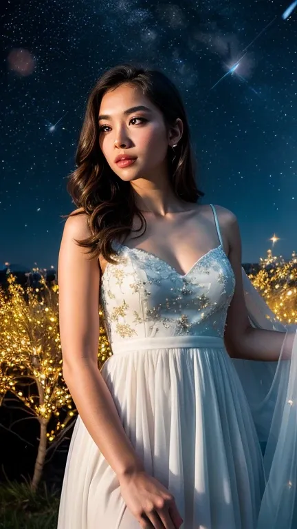 Create a gorgeous girl in a stunning scene of starry night full of fireflies, she is like an angel, 