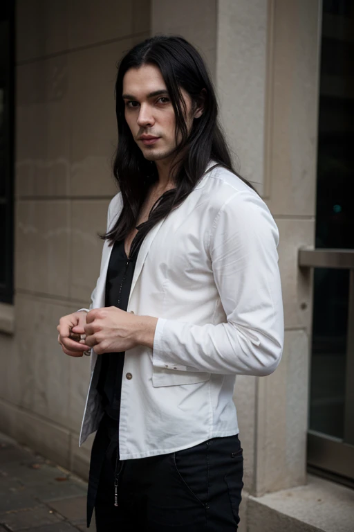 Handsome thin White man  goth long black hair cute dressed