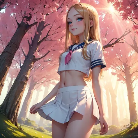 (masterpiece, best quality:1.4), (8K), Young blonde beauty, (((18 years old, neat girl))), detailed blue eyes, long eyelashes, blush, kind smile, upper body, sailor uniform top, crop top, small ass, slender thin legs, pink skirt, (looking at viewer), beaut...