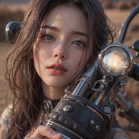 25 talents、Riding a Harley Bike、Running in the desert、Hair flows、 ((highest quality、masterpiece、8k、best image quality、ultra high resolution、Award-winning work)、(close-up of woman&#39;s face:1.35)、(close-up of naked face:1.3)、(accurate anatomy:1.1)、(look at...