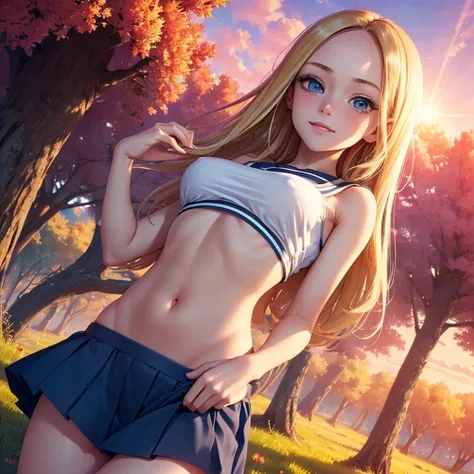 (masterpiece, best quality:1.4), (8K), Young blonde beauty, (((18 years old, neat girl))), detailed blue eyes, long eyelashes, blush, kind smile, upper body, sailor uniform top, crop top, underboob, small ass, slender thin legs, pink skirt, (looking at vie...