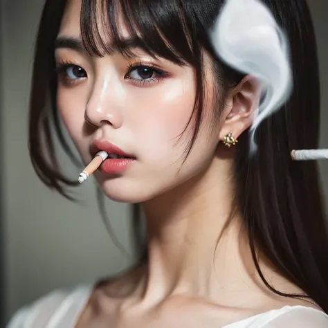 (perfection_refer to),(View the viewer:1)
(good),Face close-up,
,(One girl:1.8),alone,(Cute 21 year old Korean girl:1.2),(K-Pop Idols:1.2), (Korean mixed race),Small Head,
,black_eye,detailed eye,  (Woman with a cigarette in her mouth:1.4),(Cigarette smoke...