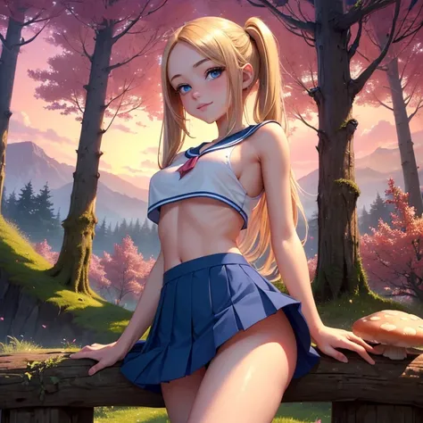 (masterpiece, best quality:1.4), (8K), Young blonde beauty, (((18 years old, neat girl))), detailed blue eyes, long eyelashes, blush, kind smile, upper body, sailor uniform top, crop top, underboob, small ass, slender thin legs, pink skirt, (looking at vie...