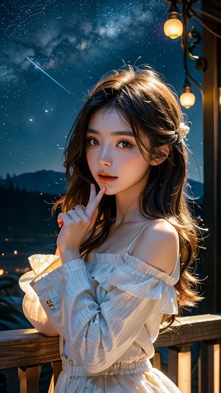 Create a gorgeous girl in a stunning scene of starry night full of fireflies, she is like an angel, give more attention in a detail of face and hair and finger.