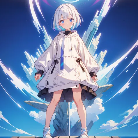 1 person girl、pleochroism、A loose-fitting jersey-style long hoodie in holographic colors、Ribbed knit cuffs and hem、Vtuber whole body、Milky white short hair、Standing figure facing the viewer、Simple Background、highest quality、Masterpiece、Official Art、8K、