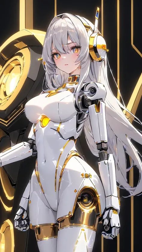 ((masterpiece 1.8)), ((ultra-detailed)), ((High resolution)), ((ultra quality)), (High quality), (dynamic angle), ((upper body)),
(((android girl))),no human,beauty face,detailed face,silver very long hair, floating hair, bangs, serious face, ((gold eyes))...