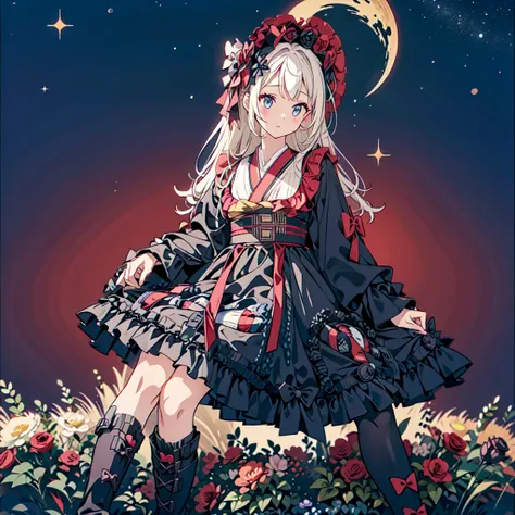 Star Fairy、(masterpiece, best quality), 1girl, sitting on the crescent moon、「A beautifully printed galaxy patterned kimono and gothic lolita outfit.、Space pattern box pleated mini skirt with ruffles、Front view portrait、Knee-high boots、enchanting eyes、Perfe...