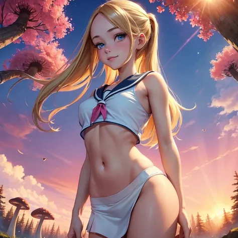 (masterpiece, best quality:1.4), (8K), Young blonde beauty, (((18 years old, neat girl))), detailed blue eyes, long eyelashes, blush, kind smile, upper body, sailor uniform top, crop top, underboob, small ass, slender thin legs, pink skirt, (looking at vie...