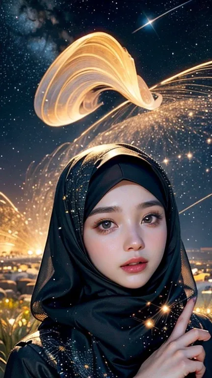 Create a gorgeous hijab girl in a stunning scene of starry night full of fireflies, she is like an angel, give more attention in a detail of face and hijab and finger.