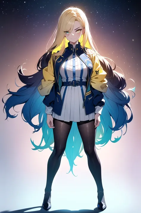 (blonde hair, very long hair, sidelocks), (eyes with a mix of yellow and blue irises:1.5), two-tone eyes, multicolored eyes gradient eyes, white and blue jacket with constellation prints, (best quality,4k,8k,highres,masterpiece:1.2), ultra-detailed, portra...