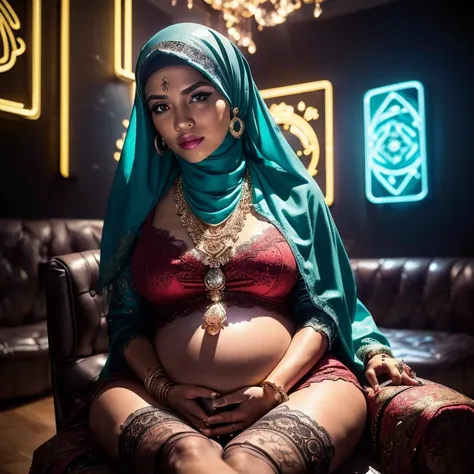 (((Background: masterpiece, high detailed, high quality, empty modern club scene, bar, neon lights))) Two:2 Malaysian girl pregnant 9 month ,malay, The whole body consists of a young girl with hijab, Eye makeup, 55 year old model, Cat ears, Soft lighting, ...