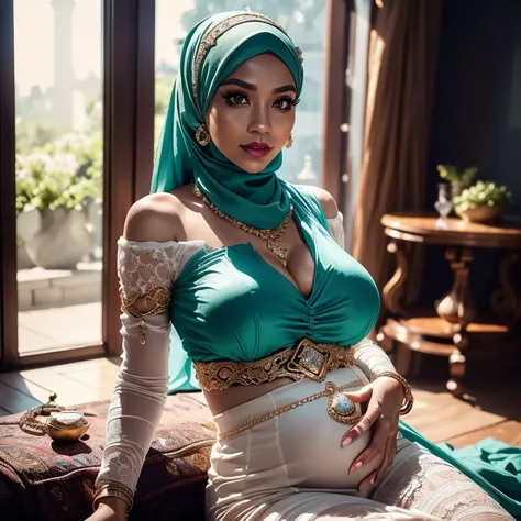 Two:2 Malaysian girl pregnant 9 months,malay, The whole body consists of a young girl with hijab, Eye makeup, 21yo, Cat ears, Soft lighting, Solo, Wear shabby clothes, Dirty, Tattered futuristic bikini, Cats paw badge, Pose, spot color, rendering by octane...