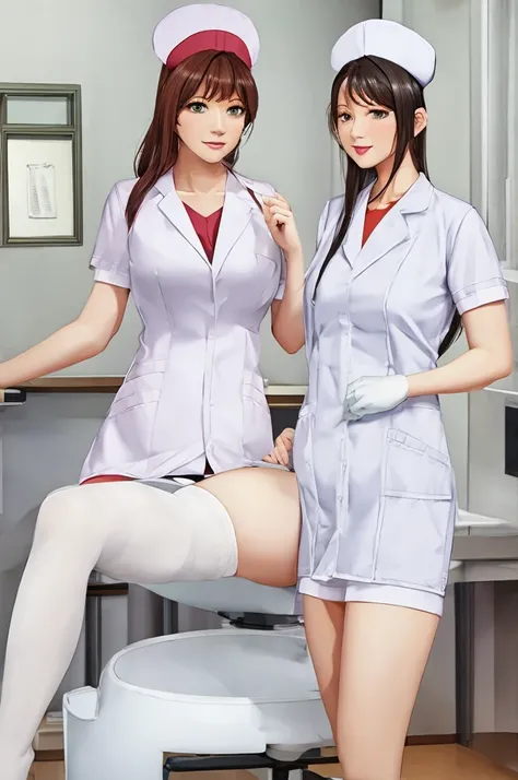 nurse uniform,hospital, latex nurse suit,nurses,busty,elbow gloves,labcoat,dark green hair woman,white eyes , gigantic ,medical instruments,asian nurse,two nurses,speculum,examination room,oversize ,big ass ,strap on, lay on table ,legs spreaded,giving bir...