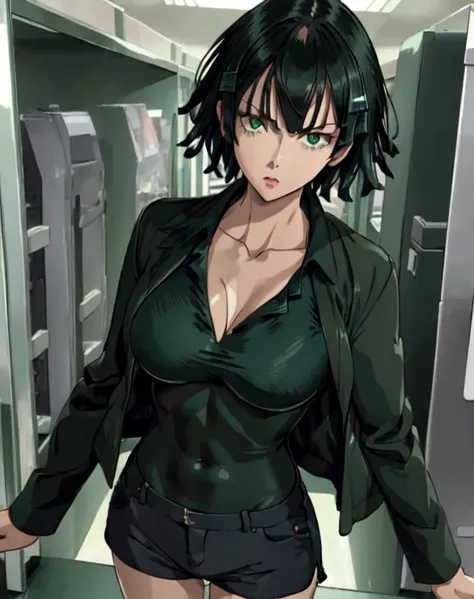 (((masterpiece))), fubuki, 1girl, solo, looking at viewer, short hair, green-blackish hair, green eyes,, 👀long sleeves, cleavage, medium breasts, closed mouth, collarbone, jacket, open clothes, open jacket, blue jacket, black sports bra, dolphin shorts, 