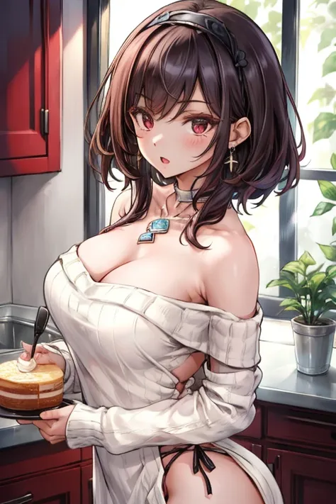 masterpiece, yor, 1girl, Amazing Cleavage:1.3, thin waist, big ass, Raised sexy, medium breast: 1.8 posed cleavage:1.2、solo, looking at viewer, open mouth, have a cup of orange juce,black hair, red eyes, dress, bare shoulders, jewelry, collarbone, sidelock...