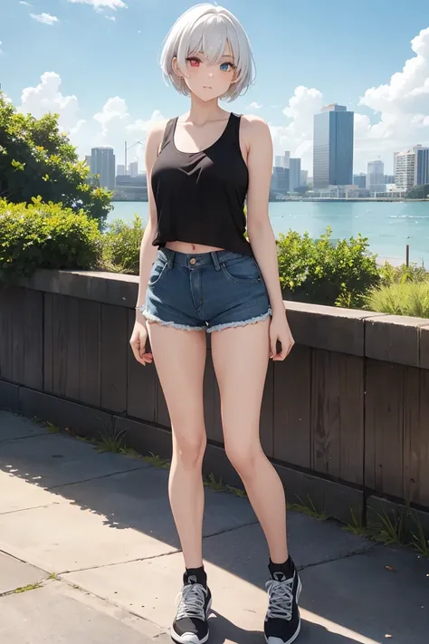 Girl, short white hair, heterochromia eyes, tank top, denim shorts, black shoes, athletic body, park photography, beautiful view