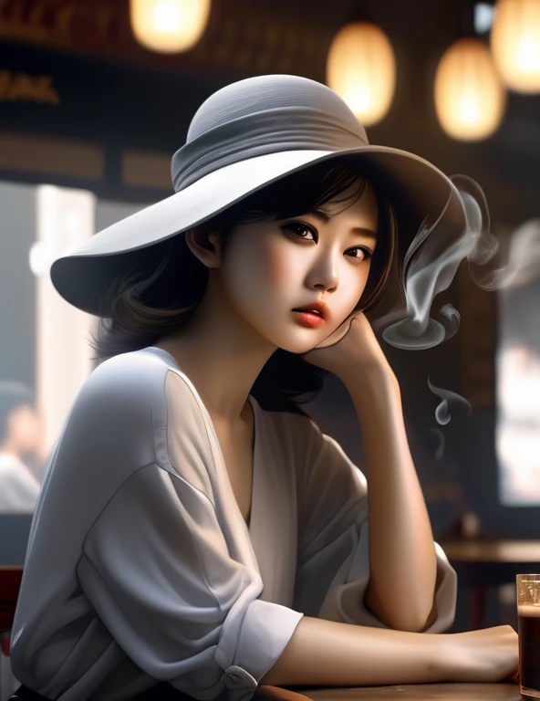 (8k, RAW Photos, highest quality, masterpiece: 1.2). (Realistic, Realistic: 1.37),(Photographic images:1.2),(((Filled with smoke))), Asian girl sitting near a table in a dimly lit cafe, White shirt, Pay attention to her face, Grey hat