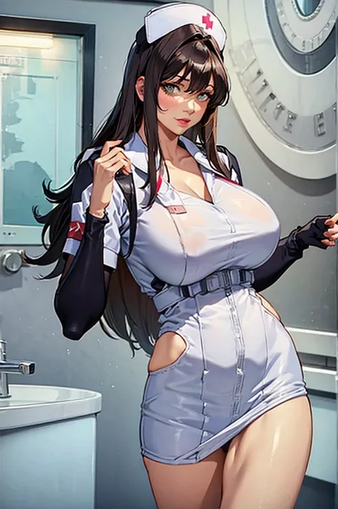 nurse uniform,hospital, latex nurse suit,nurses,busty,elbow gloves,labcoat,dark green hair woman,white eyes , gigantic ,medical instruments,asian nurse,two nurses,speculum,examination room,oversize ,big ass ,strap on, lay on table ,legs spreaded,giving bir...