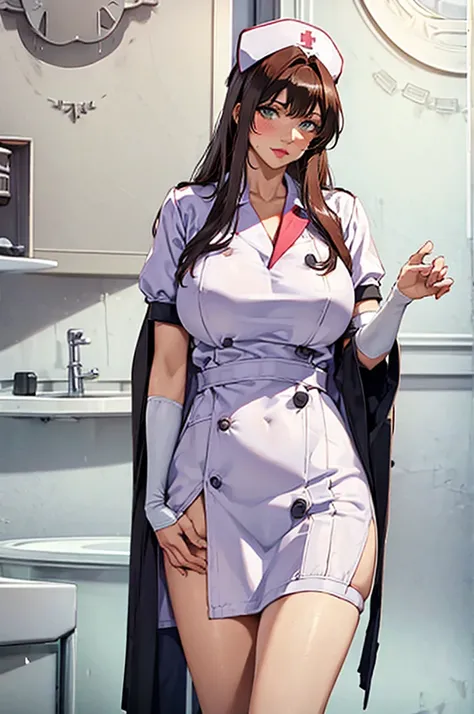 nurse uniform,hospital, latex nurse suit,nurses,busty,elbow gloves,labcoat,dark green hair woman,white eyes , gigantic ,medical ...