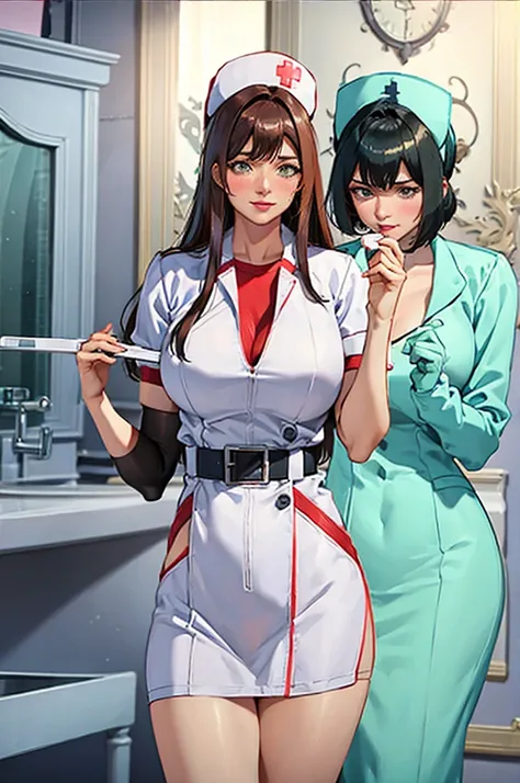 nurse uniform,hospital, latex nurse suit,nurses,busty,elbow gloves,labcoat,dark green hair woman,white eyes , gigantic ,medical ...