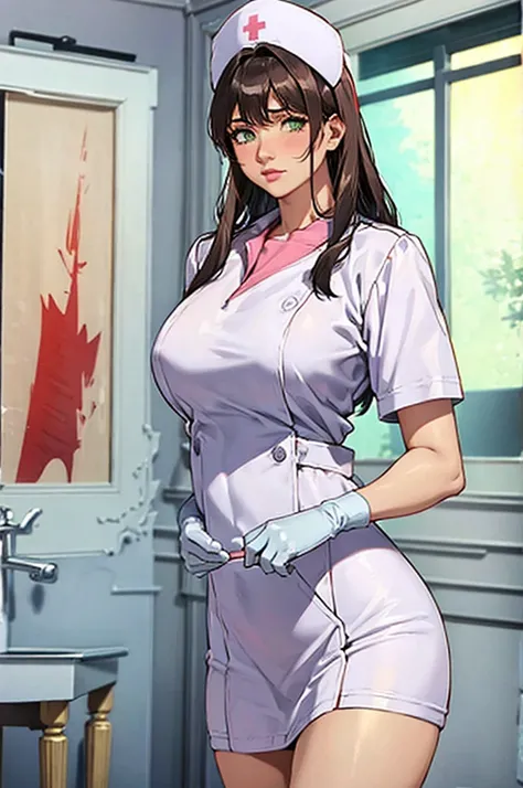 nurse uniform,hospital, latex nurse suit,nurses,busty,elbow gloves,labcoat,dark green hair woman,white eyes , gigantic ,medical instruments,asian nurse,two nurses,speculum,examination room,oversize ,big ass ,strap on, lay on table ,legs spreaded,giving bir...