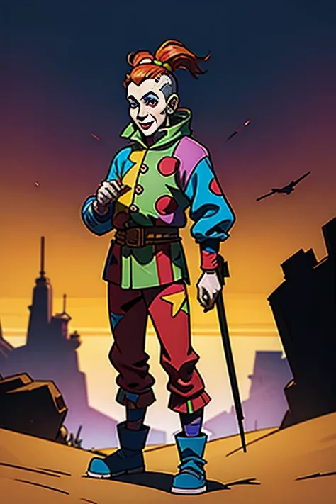 A crazy jester wandering around, science fiction background, digital art