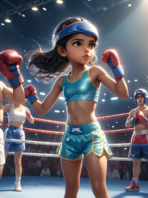 An athletic South Asian little girl, with protective gear and sports bra, proudly standing in a brightly lit boxing ring. She is fervently preparing for her match, throwing shadow punches with well-wrapped wrists and a determined look on her face. Meanwhil...