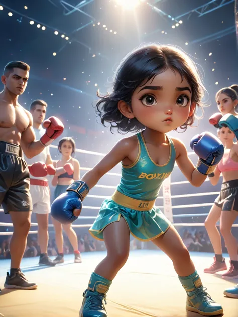 an athletic south asian little girl, with protective gear and sports bra, proudly standing in a brightly lit boxing ring. she is...