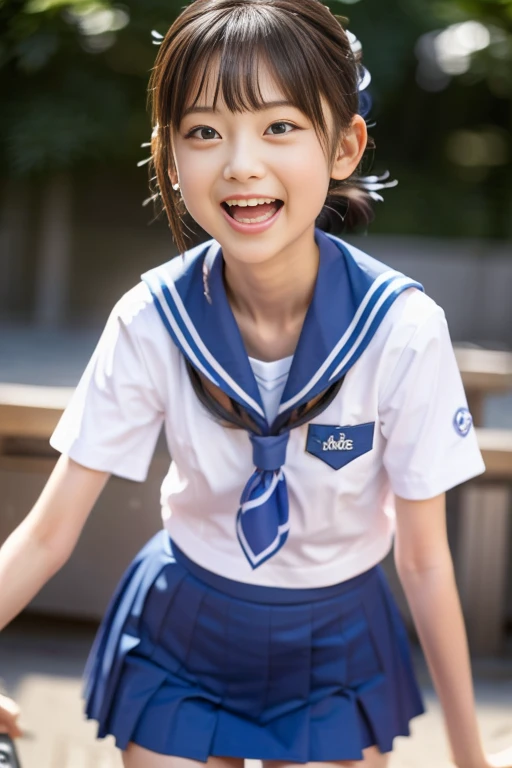 Japanese,10 years old,Summer Sailor Uniform,mini skirt,Look Up,Looking up,Cross-eyed,Cross-eyed,Open your mouth wide,Sticking out tongue,Showing tongue,cute,Face close-up,Twin bun hairstyle