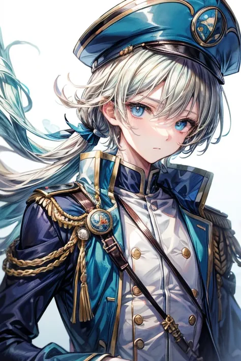 (masterpiece, best quality, perfect face, expressive eyes), 1boy, (anime), (male), (adult), aqua eyes, blonde hair, blue admiral uniform, blue tricorne, 