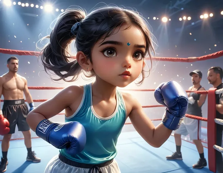 an athletic south asian little girl, with protective gear and sports bra, proudly standing in a brightly lit boxing ring. she is...