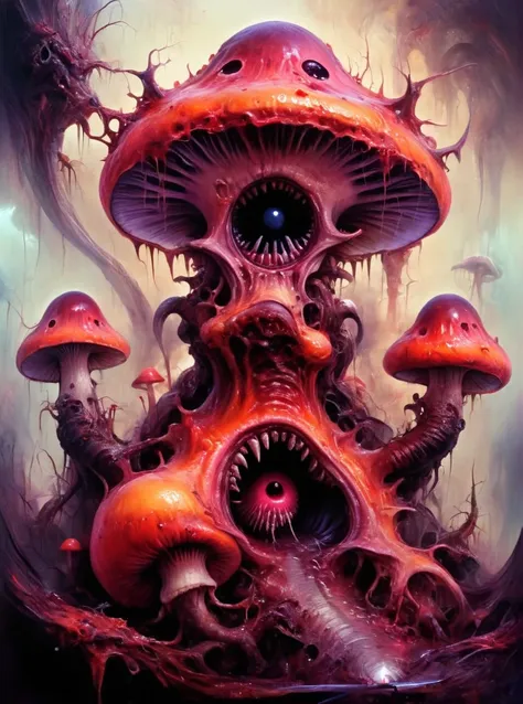 acrylic painting a vivid scifi illustration of fantastical surrealism 
fat evil mushroom with eyes and sharp teeth
in the style ...