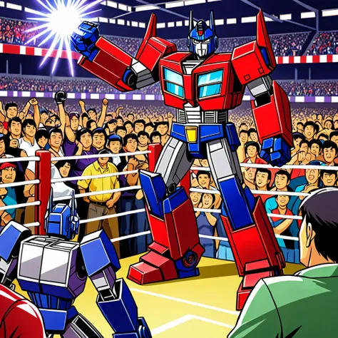 Transformers Optimus Prime is boxing a Decepticon, transformers cheer from crowd, Cybertronian Boxing Match, G1 style Transformers