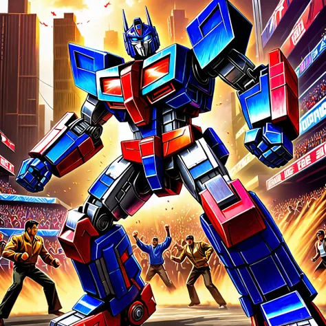 Optimus Prime, boxing a Decepticon, cheering crowd, Cybertronian Boxing Match, G1 style Transformers, illustrative rendering, metallic textures, vibrant colors, energetic lighting, best quality, ultra-detailed, vivid colors, (action-packed:1.1), (dynamic:1...