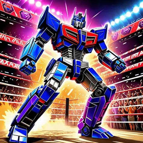 Optimus Prime, boxing a Decepticon, cheering crowd, Cybertronian Boxing Match, G1 style Transformers, illustrative rendering, metallic textures, vibrant colors, energetic lighting, best quality, ultra-detailed, vivid colors, (action-packed:1.1), (dynamic:1...