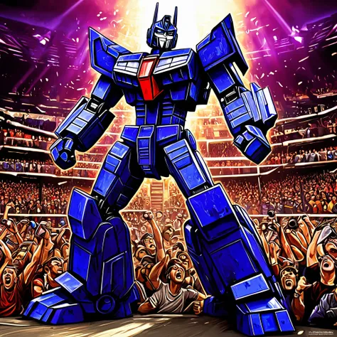 Optimus Prime, boxing a Decepticon, cheering crowd, Cybertronian Boxing Match, G1 style Transformers, illustrative rendering, metallic textures, vibrant colors, energetic lighting, best quality, ultra-detailed, vivid colors, (action-packed:1.1), (dynamic:1...