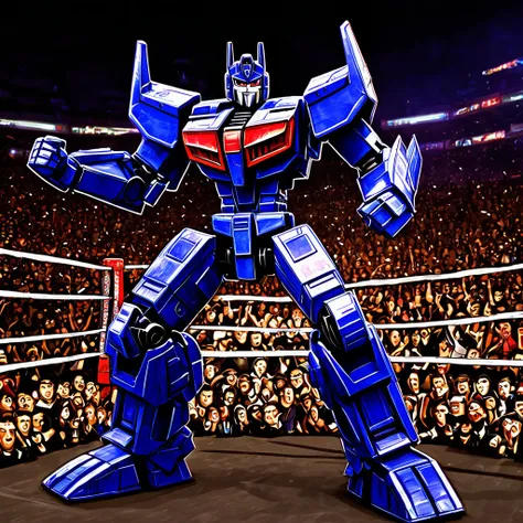 Optimus Prime, boxing a Decepticon, cheering crowd, Cybertronian Boxing Match, G1 style Transformers, illustrative rendering, metallic textures, vibrant colors, energetic lighting, best quality, ultra-detailed, vivid colors, (action-packed:1.1), (dynamic:1...