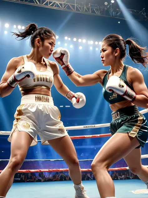 a high-stakes championship boxing match between a muscular asian male professional boxer and a fit hispanic female professional ...