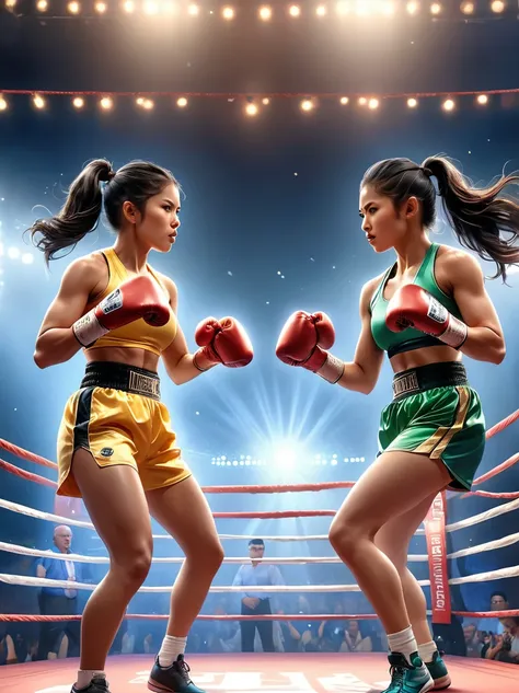 a high-stakes championship boxing match between a muscular asian male professional boxer and a fit hispanic female professional ...