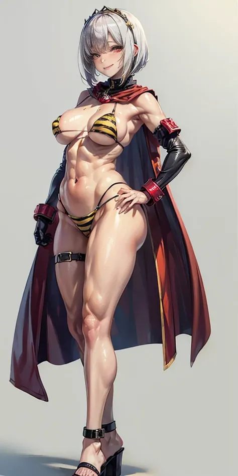 ((Plain background 1:2)) (Cammy White Street Fighter white silver short bob haircut) 1solo female full body MILF BIMBO standing straight symmetrical with two long thighs and two metal sandals, red eyes like rubies, eye focus looking to the viewer, silver w...