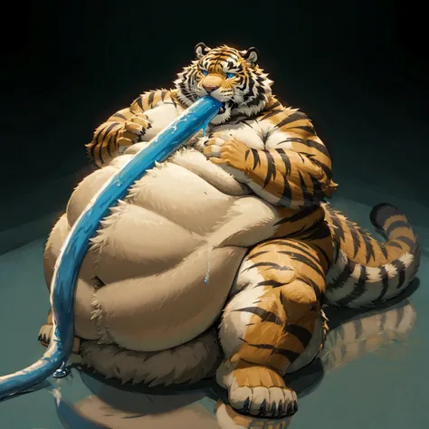 Very obese tiger、Wild ferocious tiger、Animal golden tiger body、Shaggy body hair、Lots of tears、Crying tiger face、Very short legs、A thick blue hose in his mouth、A very thick blue hose、Very long hose、Sideways body、Big blue anime eyes、A body covered with a lot...