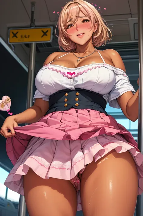 (nsfw),masterpiece,ultra detailed,sharp focus,4k digital art,high resolution,adult gyaru,realistic,realistic skin,(from below,upskirt:1.2),(lifting own skirt),gigantic breasts,,(aroused and blushed:1.7),(off-the -shoulder blouse,short skirt,necklace),(blon...