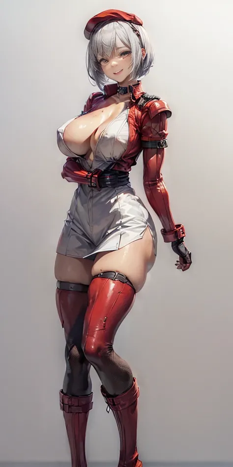 ((Plain background 1:2)) (Cammy White Street Fighter white silver short bob haircut) Female full body standing straight symmetrical looking to the viewer RED full body armored big breast knockers cleavage, leather collar choker, happy smile red cheeks, red...