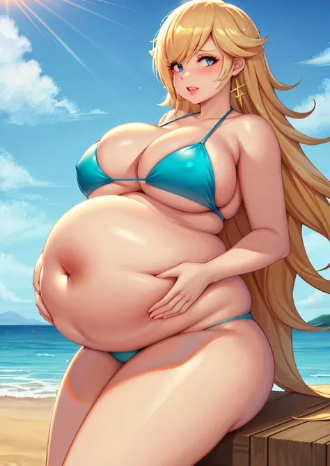 art by kipteitei, 1girl, massive , massive round fat jiggly belly, bigger thighs, Blue bikini, beach, chubby (best quality, masterpiece)