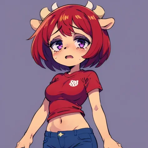 1girl, lammy, furry, red hair, short hair, horns, red shirt, dark purple eyes, tanned, blue jeans, midriff, getting pulled by 3 ...