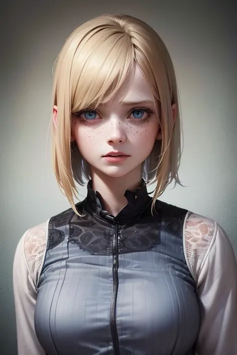 (best quality,highres,ultra-detailed,realistic:1.37), Young blonde woman with a short bob, Gray uniform, Freckles on the face, screaming in pain, disturbed, holding her head in terror, blood from her blue eyes, psycho, dark, horror, distorted, portrait, in...