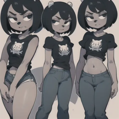 ((masterpiece, best quality))1girl, furry, black hair, short hair, horns, black eyes,  grey skin, black shirt, blue jeans, midriff, (full body:1.2),  simple background,  rammy, mad 